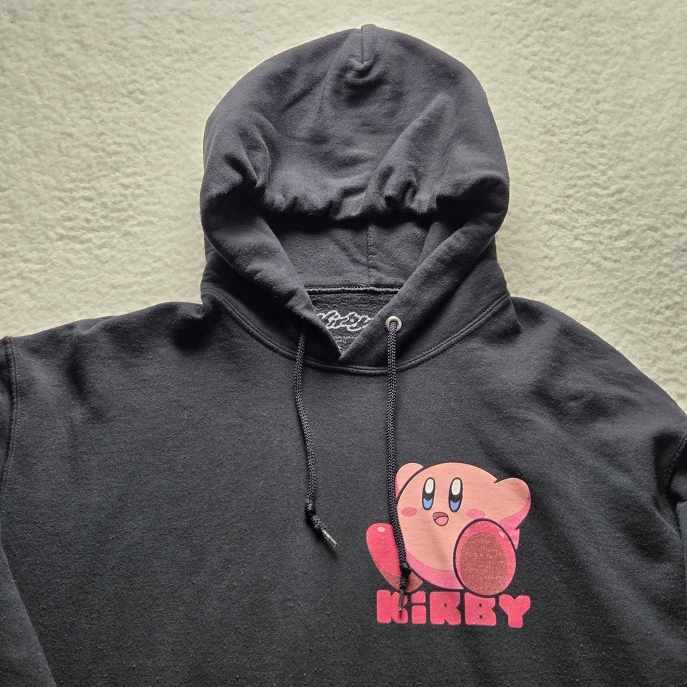 Kirby Hoodie Mens Large Black Fleece Pullover Nintendo Front Back Graphic Top